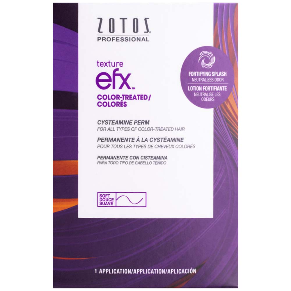 Zotos Professional Texture EFX Color-Treated cysteamine perm box in purple and white, highlighting a fortifying splash formula and soft curl strength.