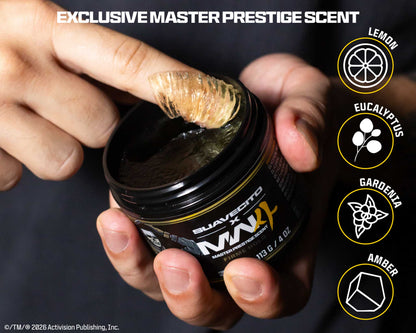 A close-up of a person's hands holding an open black jar of Suavecito x MW with a finger lifting a piece of amber-colored resin. The image includes text reading 'EXCLUSIVE MASTER PRESTIGE SCENT' and circular icons for Lemon, Eucalyptus, Gardenia, and Amber on the right.