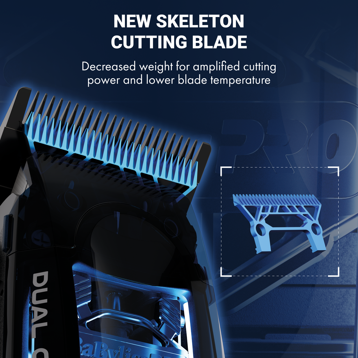 Close-up of a black electric hair clipper with glowing blue LED accents and a visible dual cutting blade attachment, set against a dark blue graphic background with text reading 'NEW SKELETON CUTTING BLADE' and a small inset showing the blade design.