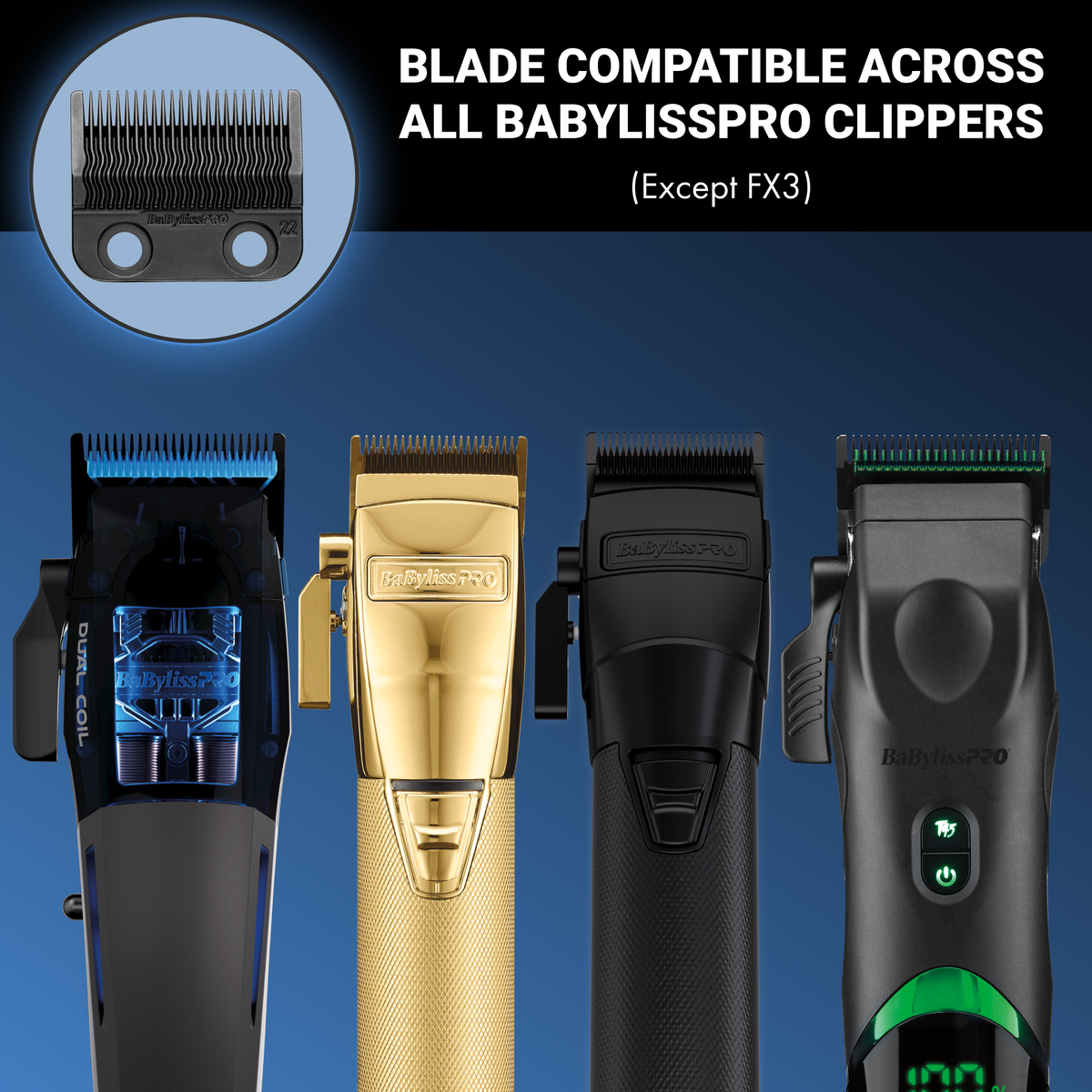 Four Babyliss Pro hair clippers in black and gold are shown against a blue gradient background, with a circular inset showing a black comb attachment and text stating blade compatibility across all Babyliss Pro clippers (Except FX3).