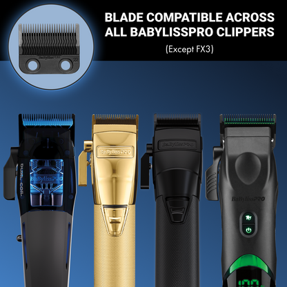 Four Babyliss Pro hair clippers in black and gold are shown against a blue gradient background, with a circular inset showing a black comb attachment and text stating blade compatibility across all Babyliss Pro clippers (Except FX3).