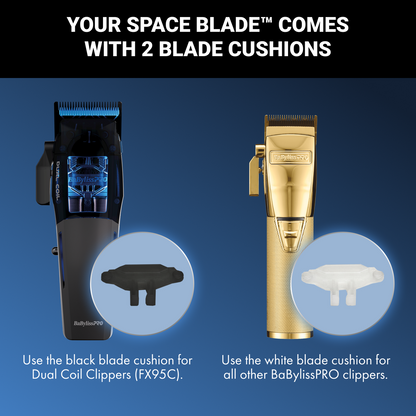 Promotional graphic for BaBylissPRO space blade clipper accessories, showing a black clipper with a blue lighted window and a gold clipper, each with a circular inset of a blade cushion. Text explains that the space blade comes with 2 blade cushions and specifies black for Dual Coil Clippers and white for other BaBylissPRO clippers.