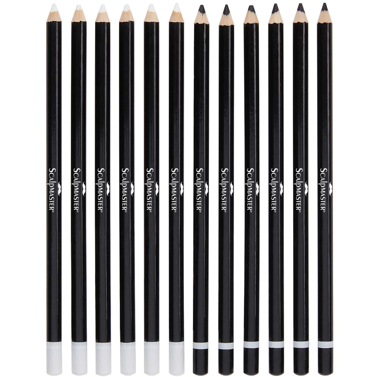 Twelve black cosmetic pencils  arranged in a row against a plain white background. The brand name 'Scalpmaster' is printed vertically on each pencil.