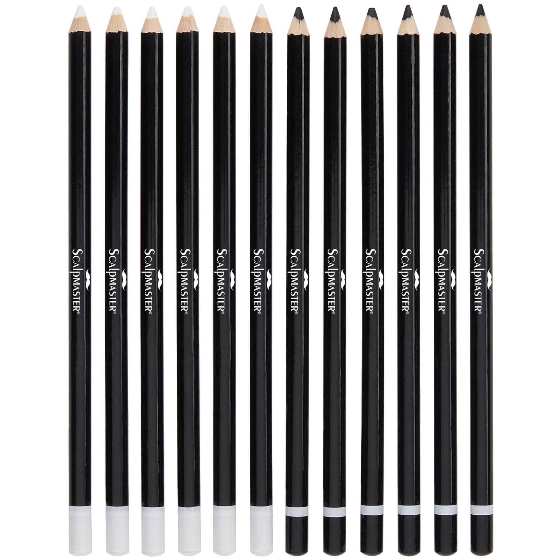 Twelve black cosmetic pencils  arranged in a row against a plain white background. The brand name 'Scalpmaster' is printed vertically on each pencil.