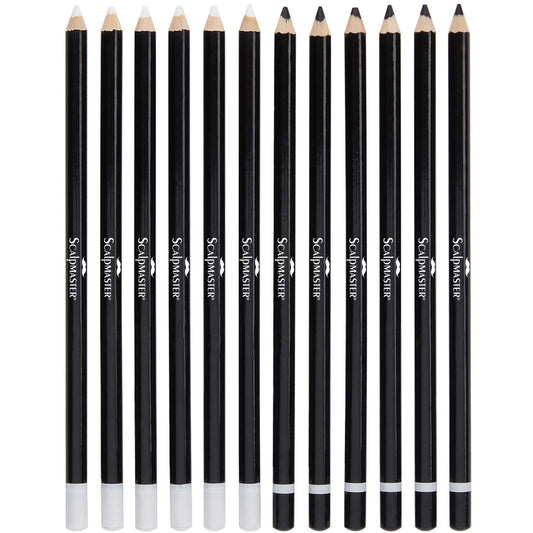 Twelve black cosmetic pencils  arranged in a row against a plain white background. The brand name 'Scalpmaster' is printed vertically on each pencil.