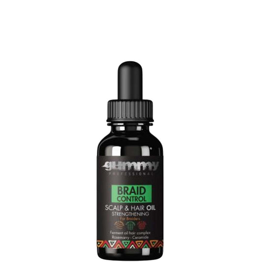 Black bottle of Gummy Braid Control Scalp & Hair Oil with a dropper on a white background