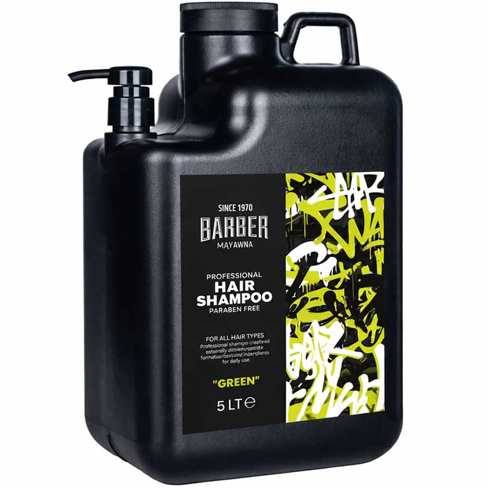 Marmara Barber Hair Shampoo Green 5-Liter black jug with a graffiti-style label on a white background.