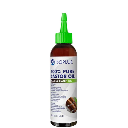 Bottle of Isoplus 100% Pure Castor Oil on a white background