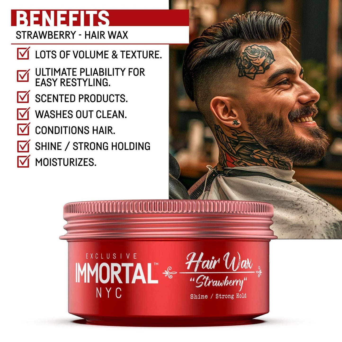 Red hair wax container with 'Mortal NYC' branding and a list of benefits on a white background.