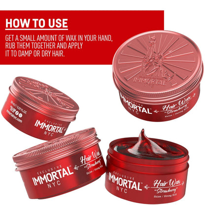 Red jars of Immortal NYC hair wax with usage instructions on a white background