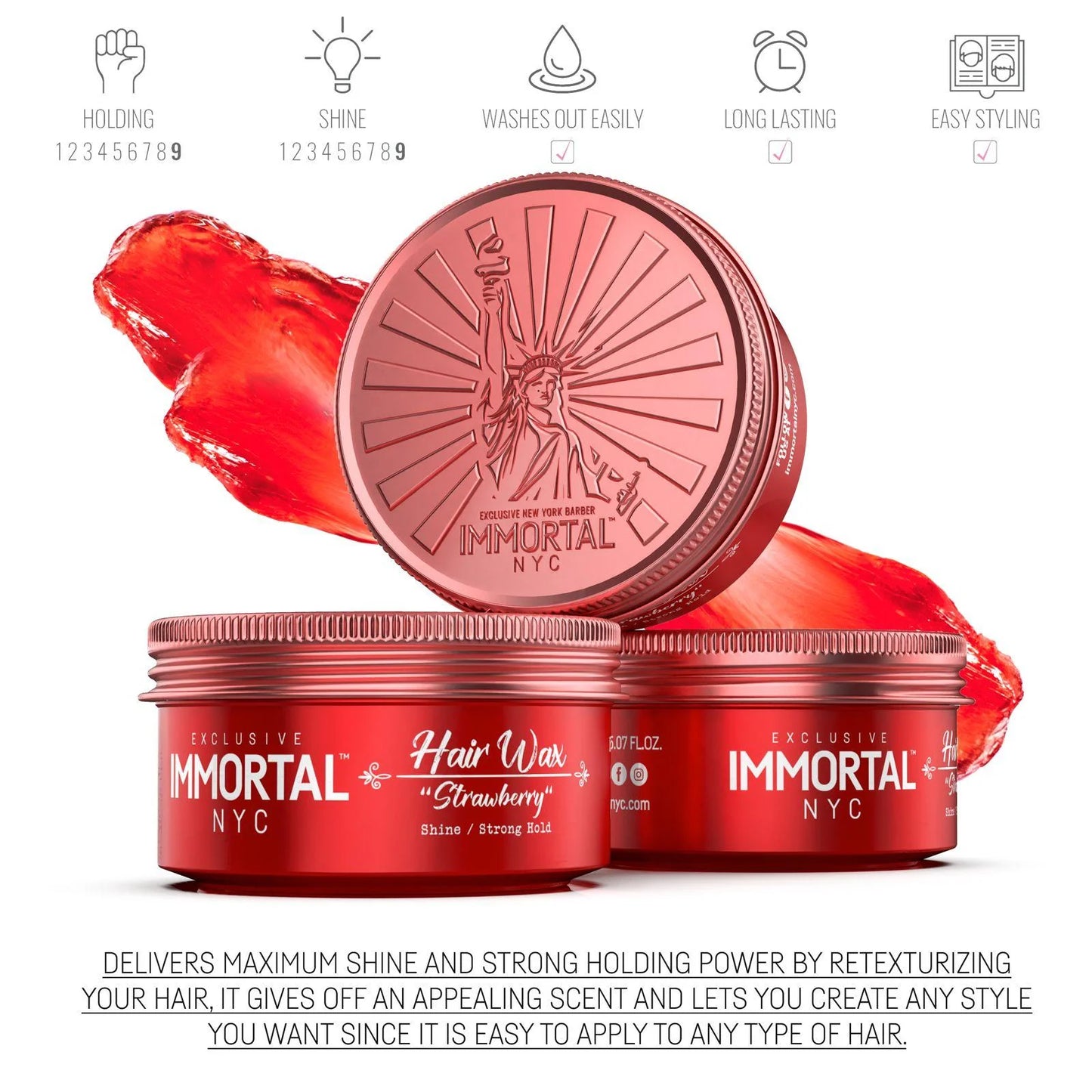 Red hair wax containers with 'Immortal NYC' branding on a white background