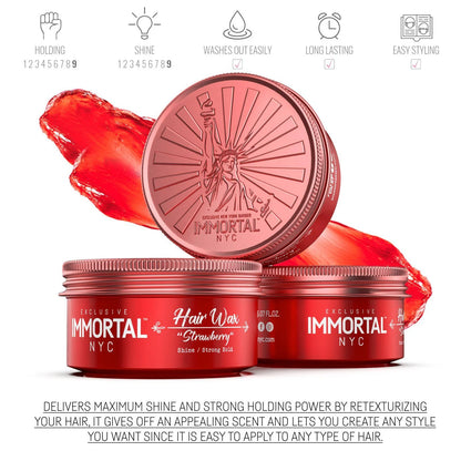 Red hair wax containers with 'Immortal NYC' branding on a white background