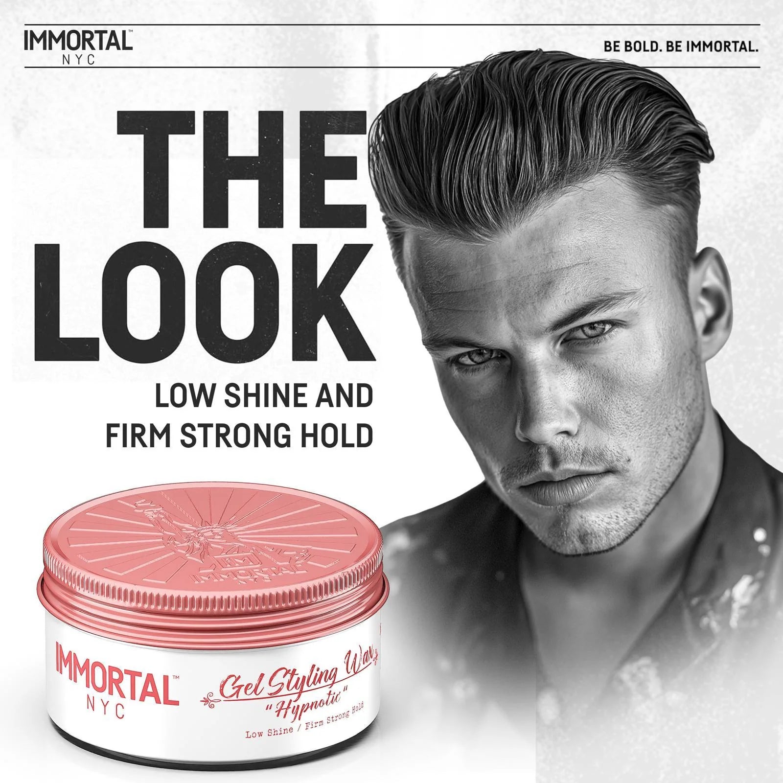 Advertisement for Immortal NYC hair product with a man and product packaging.