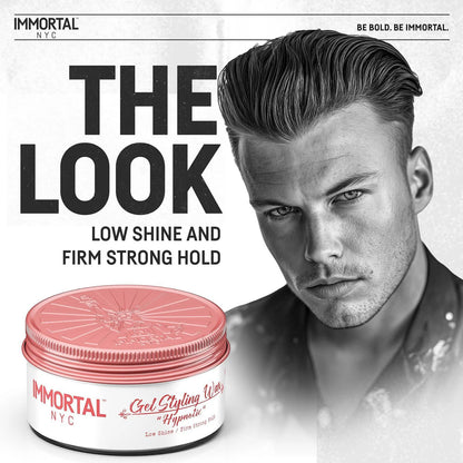 Advertisement for Immortal NYC hair product with a man and product packaging.