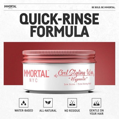 Jar of Immortal NYC Gel Styling Wax with product details on a white background
