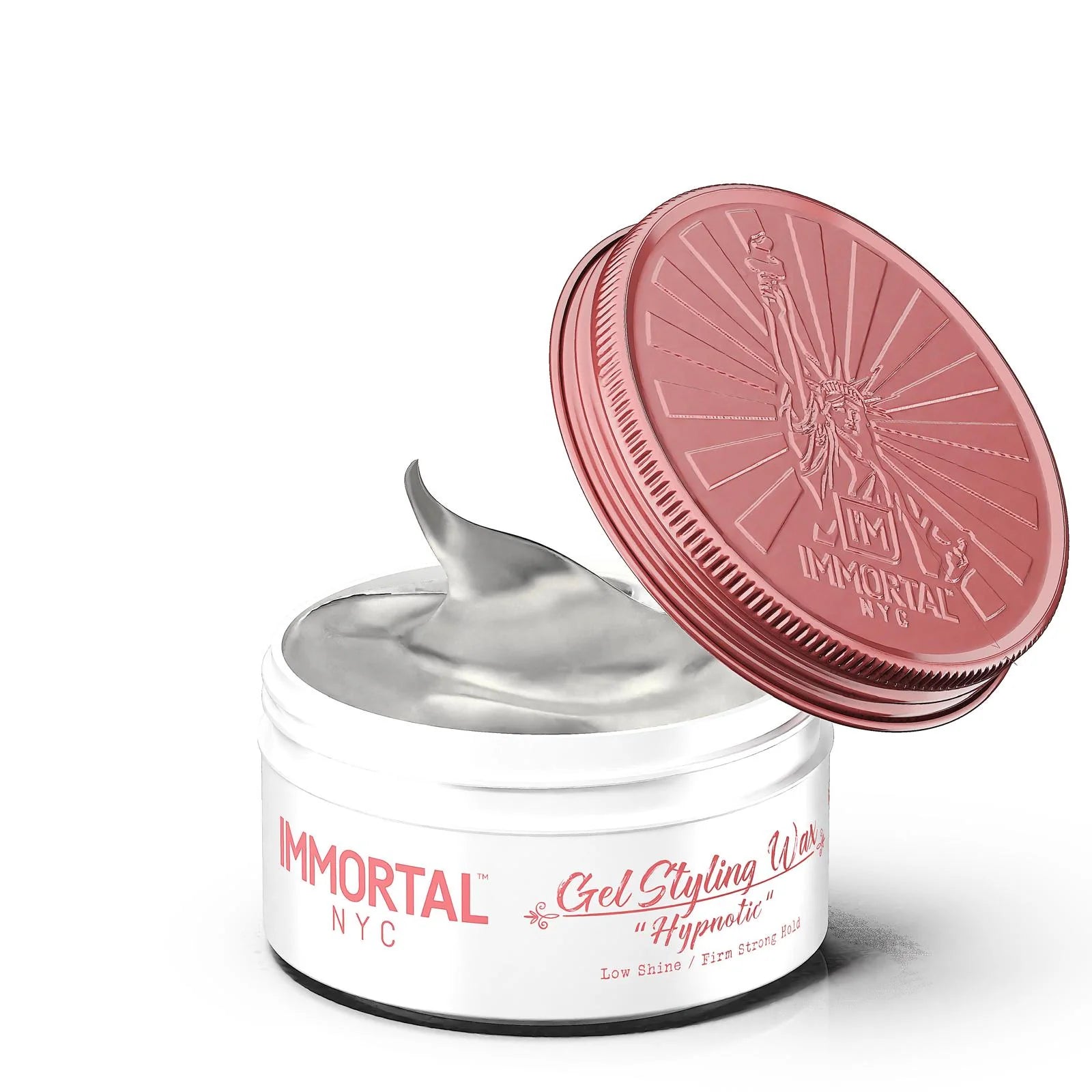 Jar of 'Immortal NYC' gel styling wax with pink lid on a white background