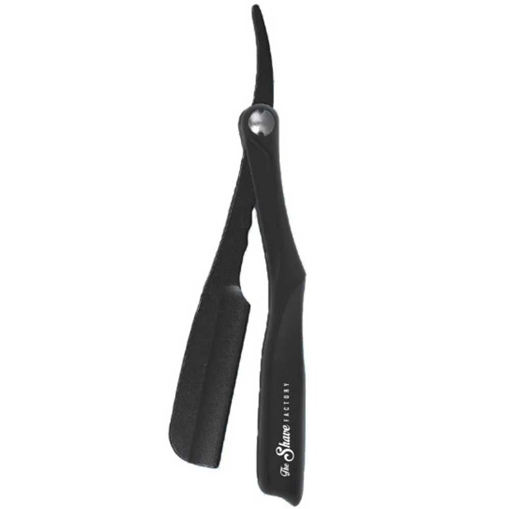 The Shave Factory Sleek Straight Razor in matte black with the brand logo displayed on a white background.