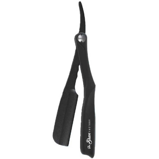 The Shave Factory Sleek Straight Razor in matte black with the brand logo displayed on a white background.