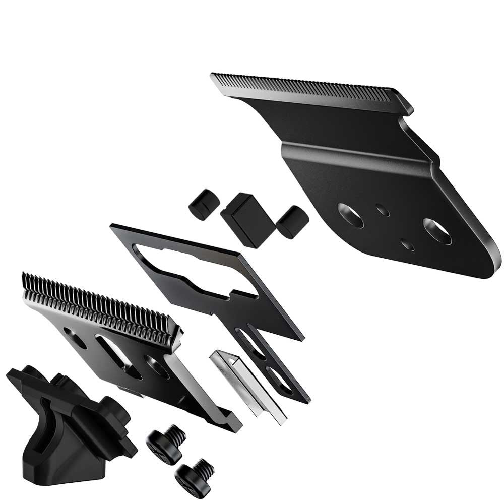 Black metal replacement guide and clip assembly with mounting screws and small black rubber pieces, arranged on a plain white background.