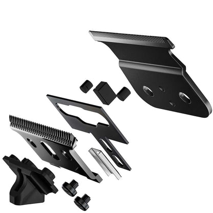 Black metal replacement guide and clip assembly with mounting screws and small black rubber pieces, arranged on a plain white background.