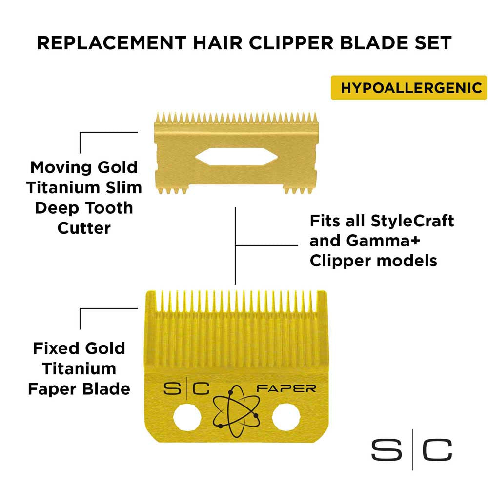 STYLECRAFT FIXED GOLD TITANIUM FAPER CLIPPER BLADE WITH MOVING SLIM DEEP CUTTER SET Clipper Blade STYLECRAFT for sacramento, california, barbers, hair stylist, cosmetologist, beauty industry