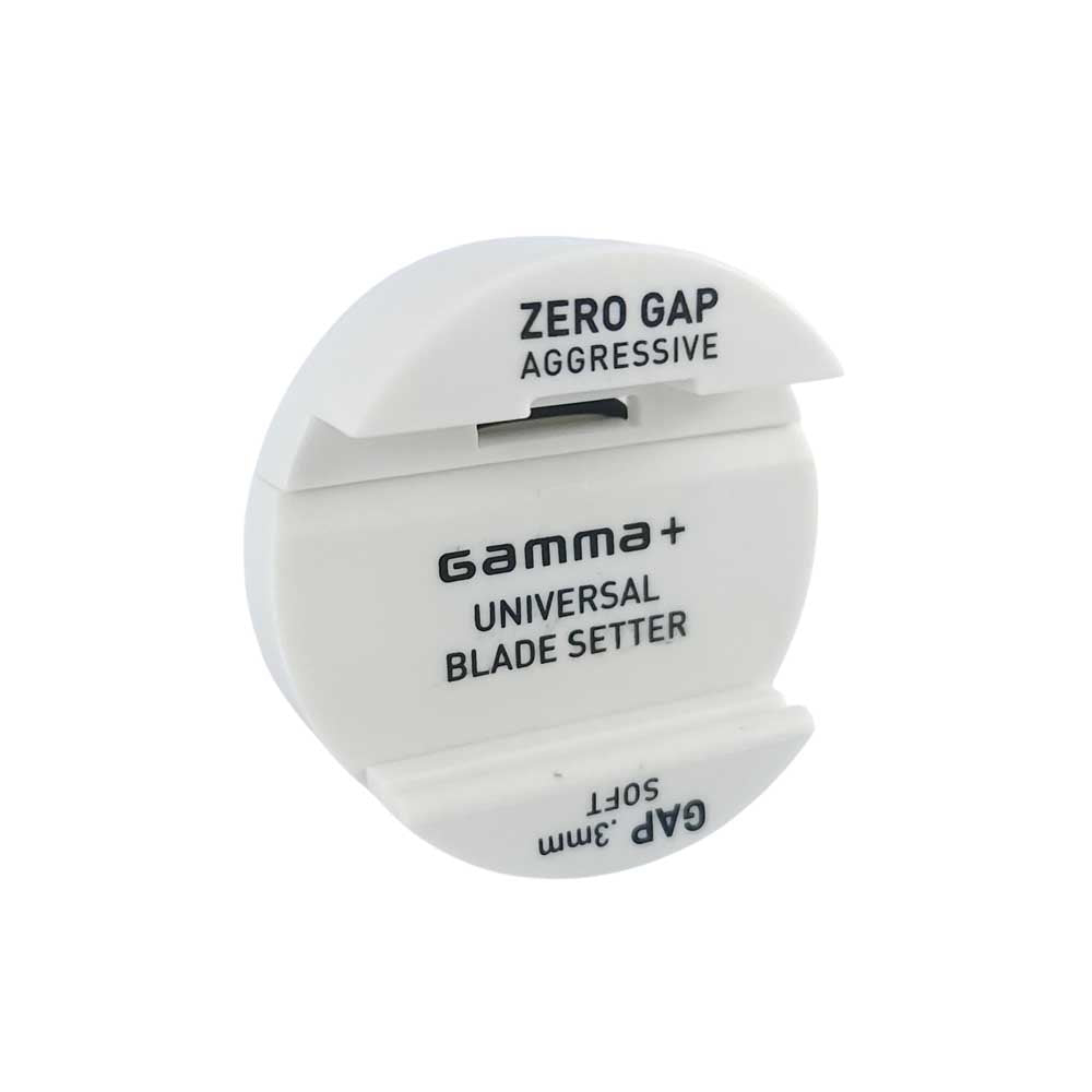 Gamma+ Zero Gap Universal Blade Setter tool in white displaying the Zero Gap Aggressive setting and text labels