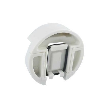 Gamma+ Zero Gap Universal Blade Setter tool in white, rear view showing a close-up of the back mechanism, white plastic clip component with a hinged center section on a plain white background