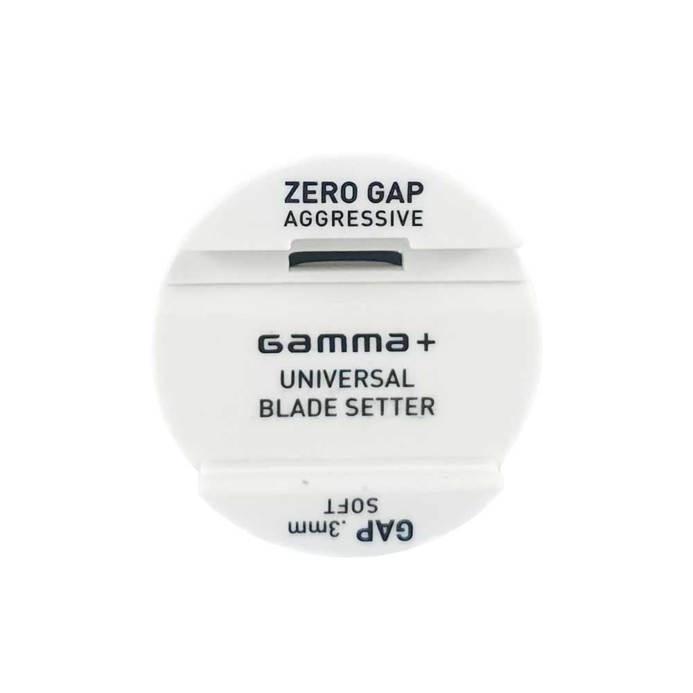 Gamma+ Zero Gap Universal Blade Setter tool in white showing the reverse side with Soft Gap .3mm text label and alignment grooves