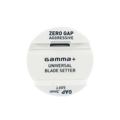 Gamma+ Zero Gap Universal Blade Setter tool in white showing the reverse side with Soft Gap .3mm text label and alignment grooves