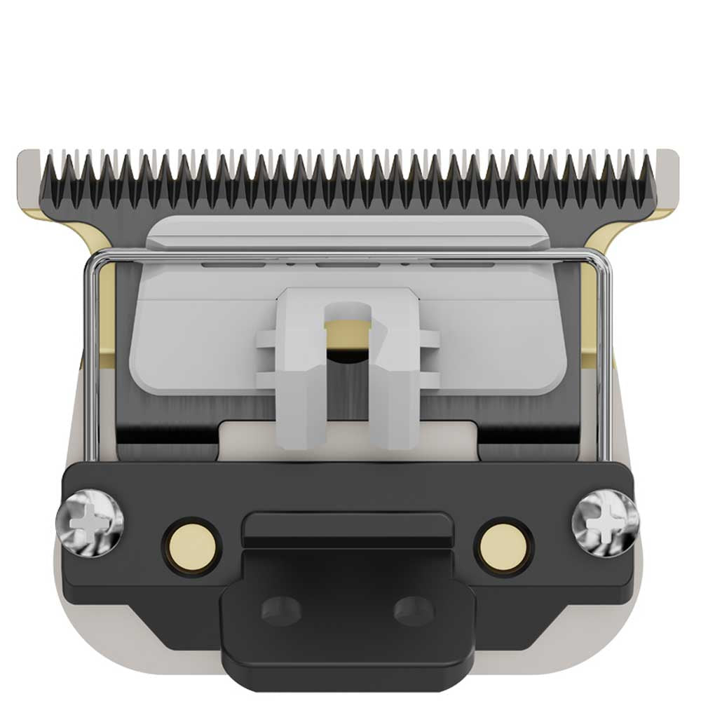 Hair trimmer head with metallic and black design on a white background