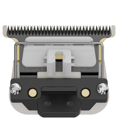 Hair trimmer head with metallic and black design on a white background