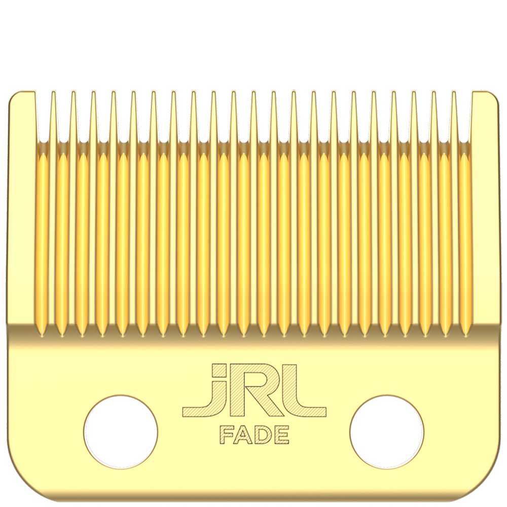 Gold hair clipper blade with 'JRL' branding on a white background