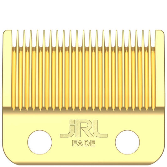 Gold hair clipper blade with 'JRL' branding on a white background