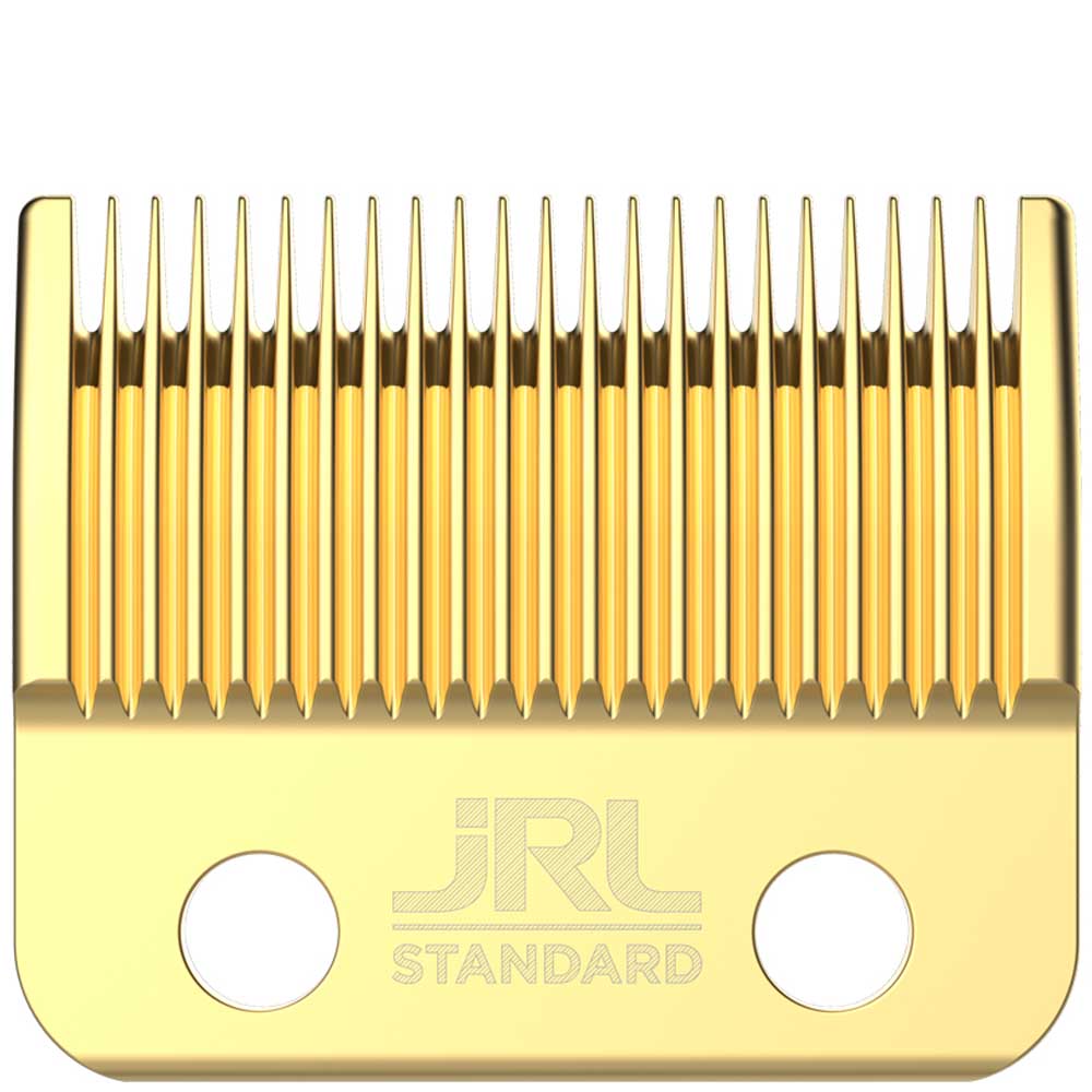 Gold hair clipper blade with 'JRL' branding on a white background