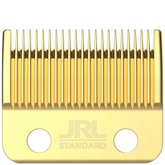 Gold hair clipper blade with 'JRL' branding on a white background