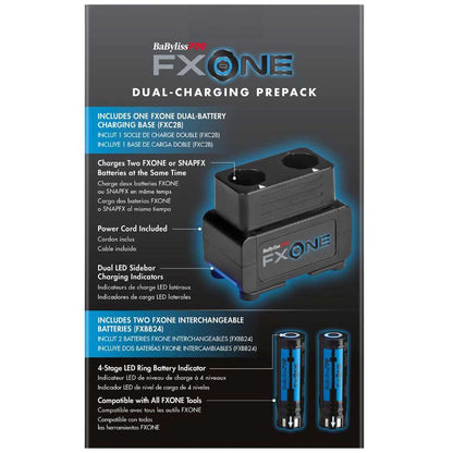 BaByss FX One Dual-Charging Prepack package showing a black FX One dual battery charger, two batteries, a power cord, and text detailing included accessories and features on a dark background.