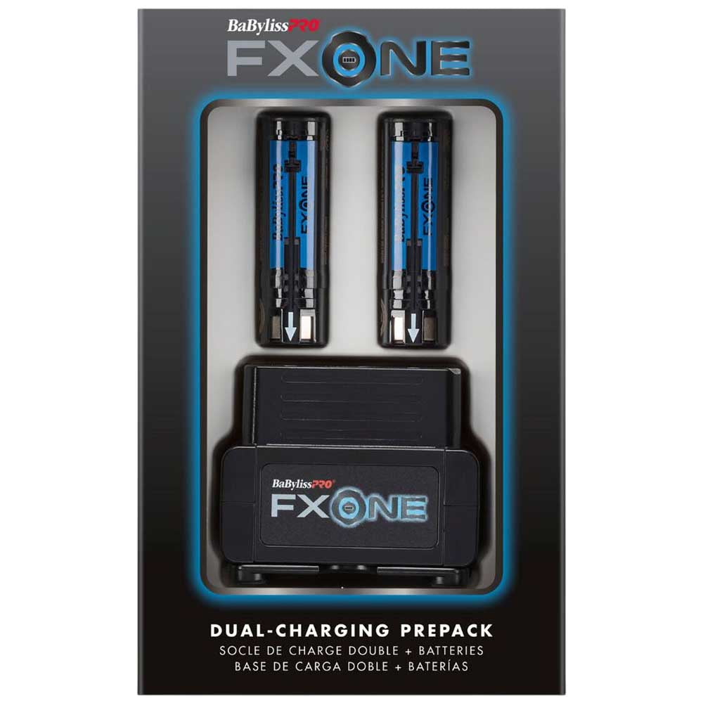BaByliss FX One dual-charging prepack containing two blue and black FX One batteries and a black dual charger inside a black retail box.