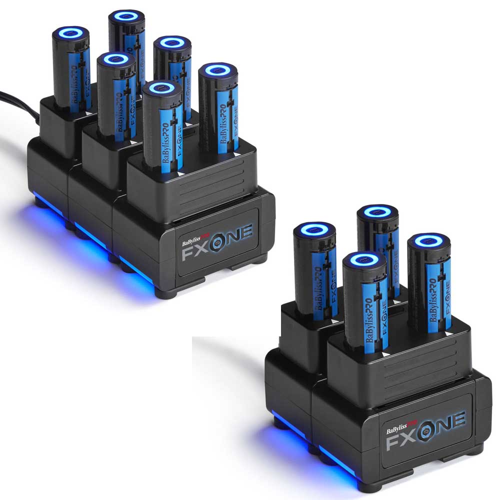 Two black FXONE battery chargers with blue LED lighting, each holding multiple cylindrical batteries, shown on a white background.