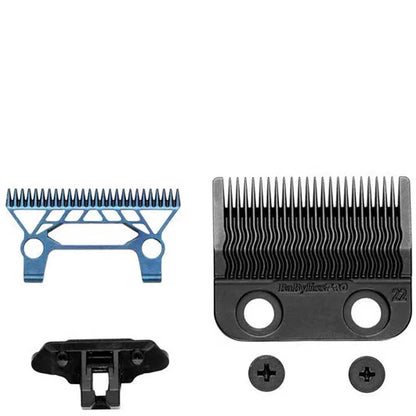 Disassembled components of the BaBylissPRO Space Clipper Blade, including the blue skeleton frame, black titanium blade, cam follower, and screws.