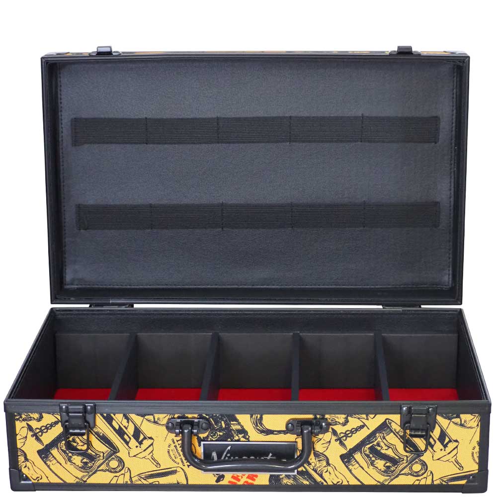 Sewicob Vincent MasterCase Junior open hard briefcase showing compartments and red-lined interior for barber tools