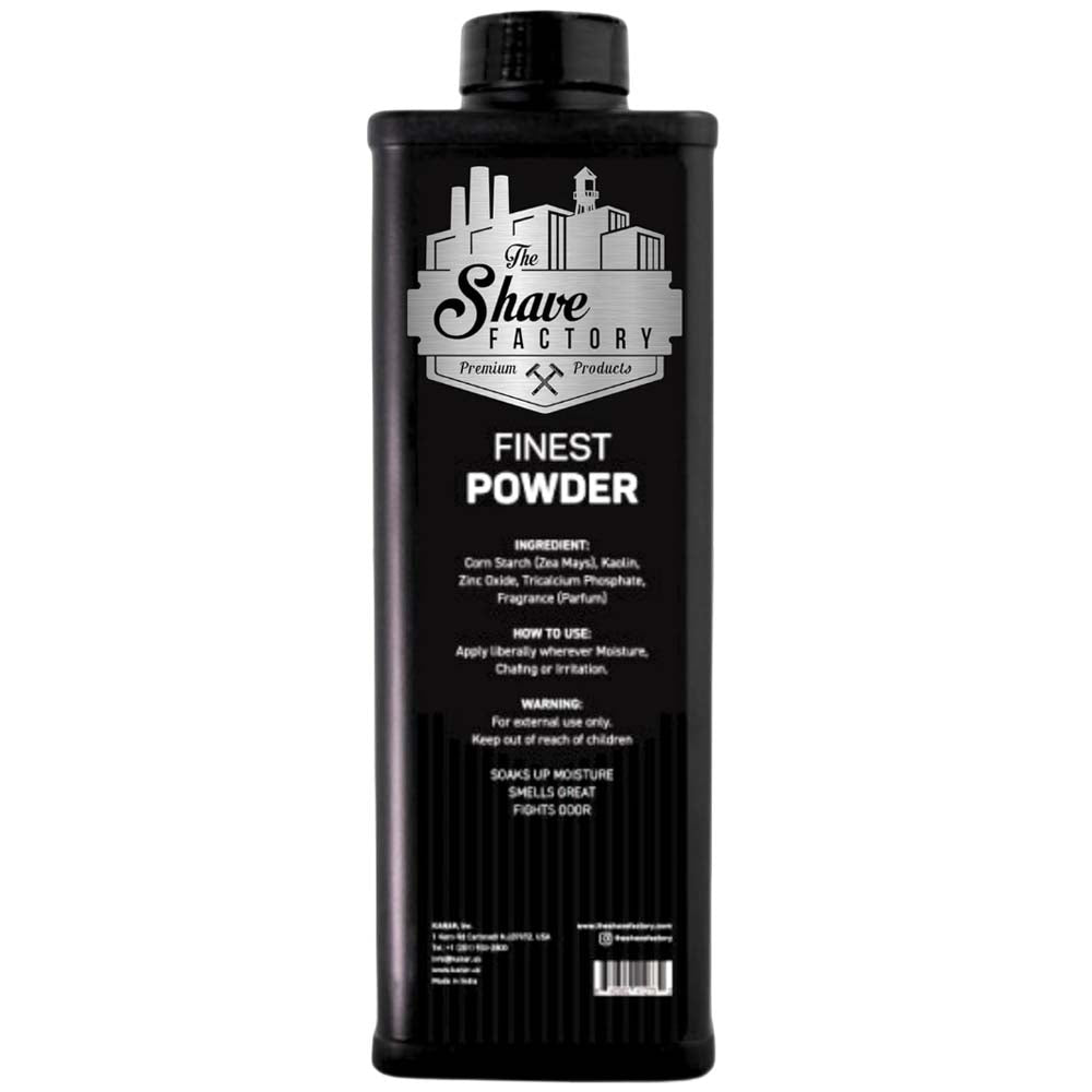 Black bottle of 'The Shave Factory' finest powder on a white background