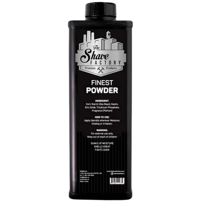 Black bottle of 'The Shave Factory' finest powder on a white background