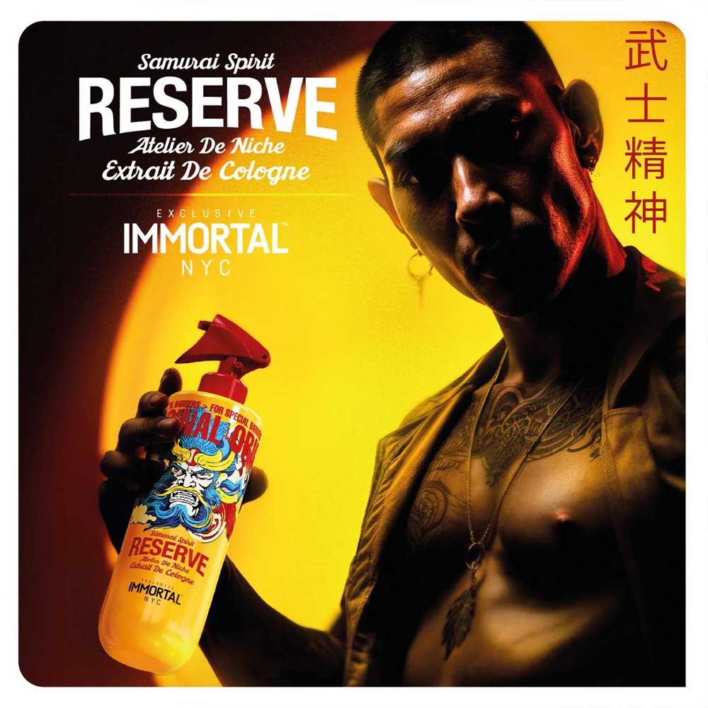 Man holding a bottle of Samurai Spirit Reserve cologne with a yellow background