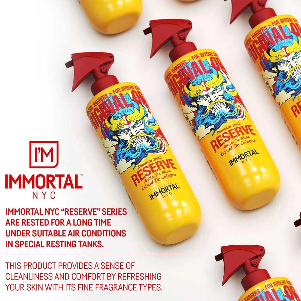 Yellow bottles with red nozzles labeled 'Immortal NYC Reserve' on a white background.