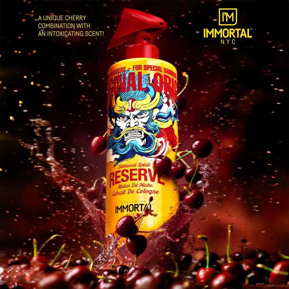 Bottle of Immortal NYC cologne with cherries on a dark background