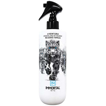 White bottle with black spray nozzle featuring a leopard design and 'Immortal NYC' branding on a white background.