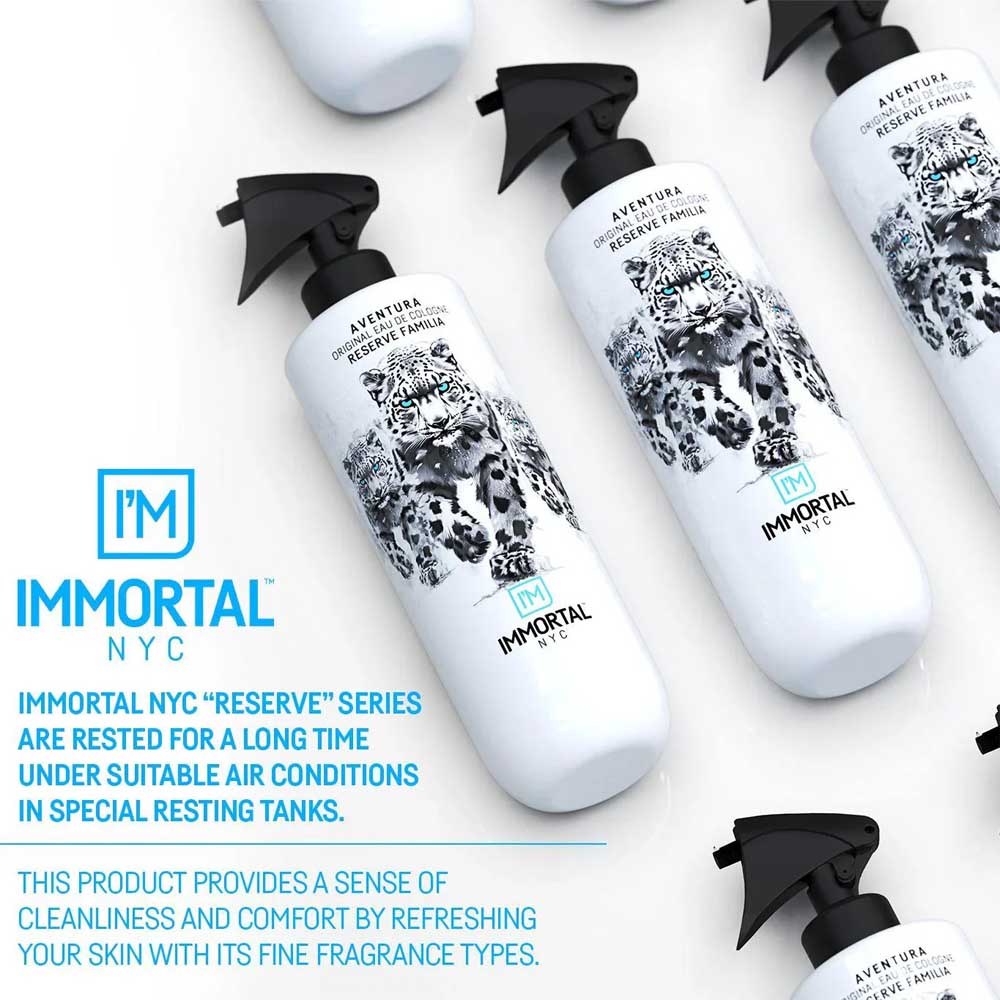 White bottles with black leopard designs and 'Immortal NYC' branding on a white background.