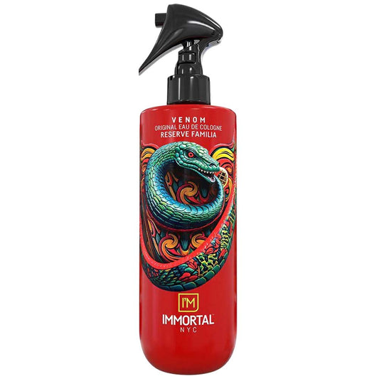 Red bottle with colorful snake design and 'Immortal NYC' branding on a white background