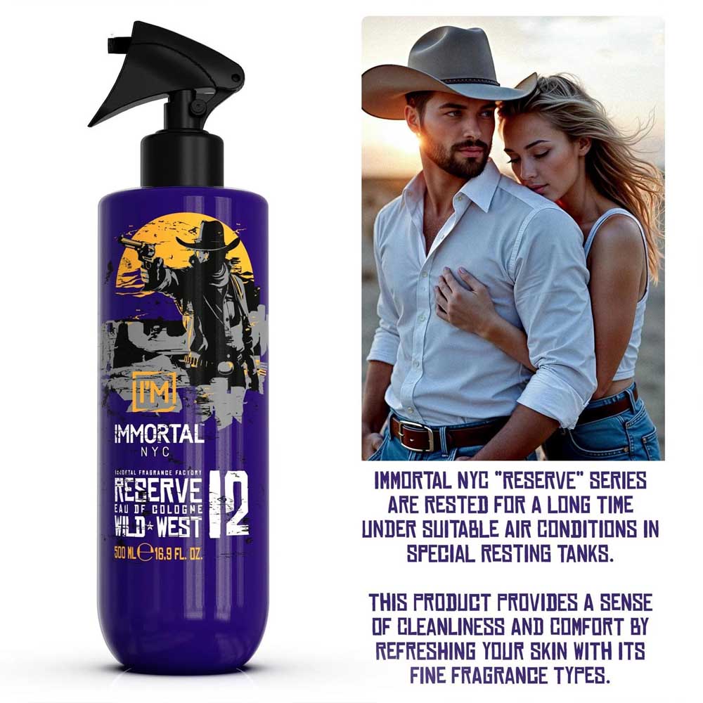 Purple bottle with cowboy graphic and text about Immortal NYC Reserve cologne.