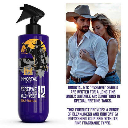 Purple bottle with cowboy graphic and text about Immortal NYC Reserve cologne.